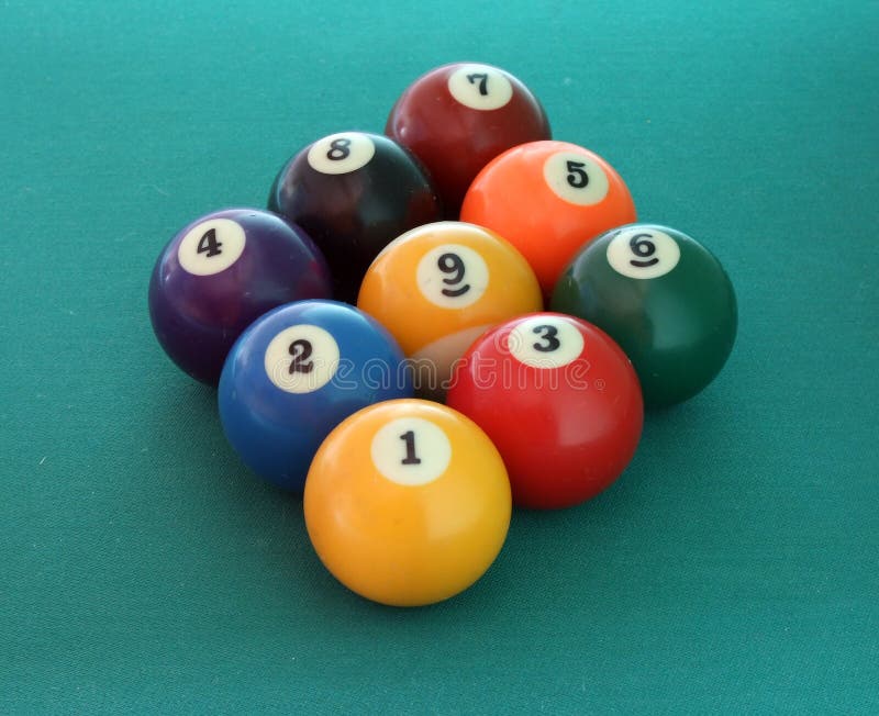 Nine billiard balls on the green table. Nine billiard balls on the green table
