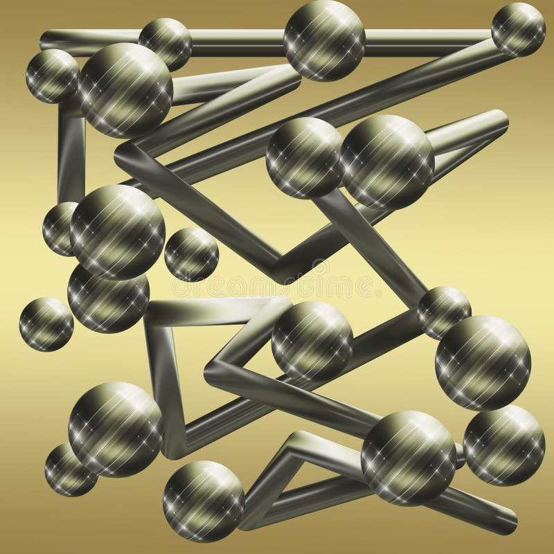 Sfere metalliche con brillatore d'oro e linee triangolari su uno sfondo di gradiente marrone chiaro. illustrazione vettoriale