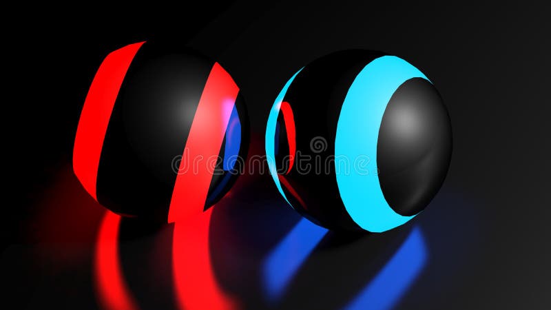 Sfere negre cu dungi roșii și albastre iluminate 3d royalty free illustration