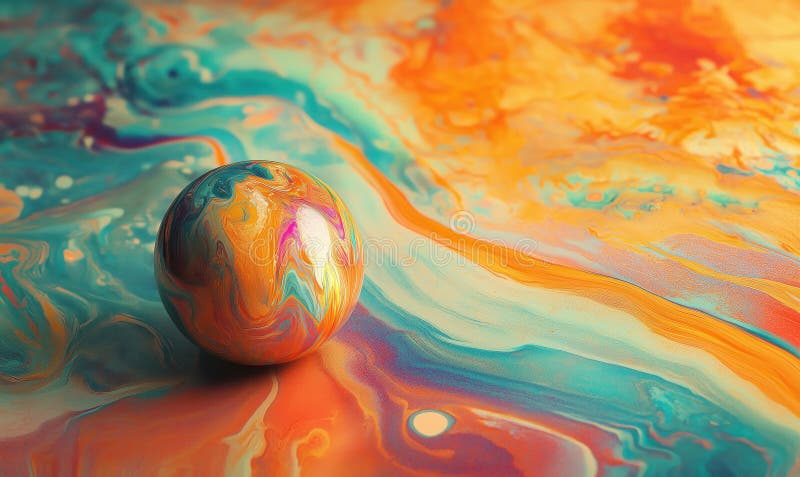 Sferă marmură abstractă colorată pe fond de artă fluidă vibrantă, cu tipare de turbionare și nuanțe luminoase stock image