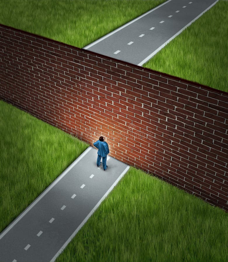 Business challenge and financial obstacles concept with a businessman standing in front of a large brick wall that has blocked his path and obstructed a journey to success. Business challenge and financial obstacles concept with a businessman standing in front of a large brick wall that has blocked his path and obstructed a journey to success