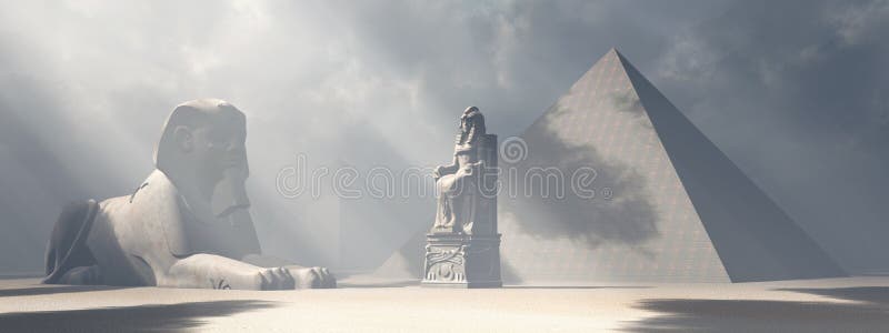 Computer generated 3D illustration with sphinx, statue and pyramids. Computer generated 3D illustration with sphinx, statue and pyramids