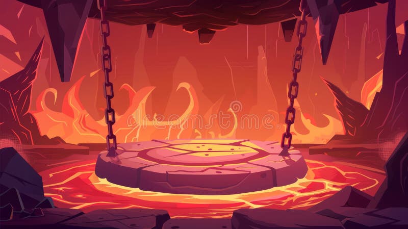 Battle arena background with hell landscape and stone circle platform hanging from metal chains. Fight ring in inferno with hot lava and fire. Modern illustration.. AI generated. Battle arena background with hell landscape and stone circle platform hanging from metal chains. Fight ring in inferno with hot lava and fire. Modern illustration.. AI generated