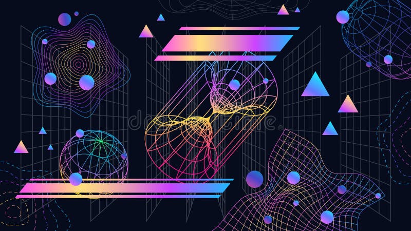 Sfondo astratto neo-futuristico con griglie e forme 3d. neon wireframe grafico retroriflex cyber design 90 illustrazione di stock