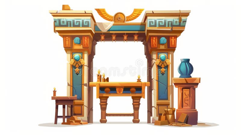 Isolated white background with antique empty altar or table for religious offerings and Egyptian hieroglyphs. Cartoon modern illustration. Graphical user interface for game design.. AI generated. Isolated white background with antique empty altar or table for religious offerings and Egyptian hieroglyphs. Cartoon modern illustration. Graphical user interface for game design.. AI generated