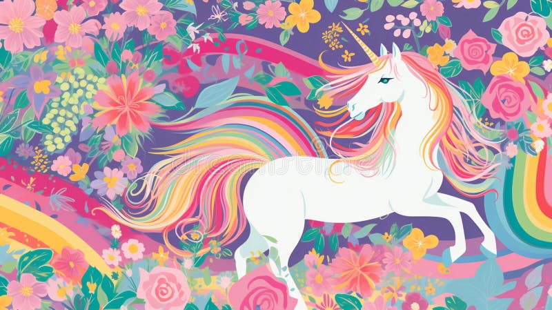 Sfondo colorato astratto con unicorno e fiori. aie generativa. filigrana.