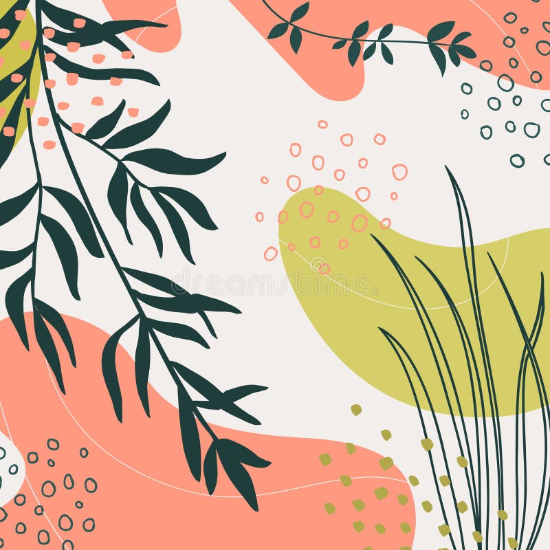 Sfondo con forme organiche foglie ramificate e piante. elementi naturali astratti nello stile di doodle trendy per le festività. fotografie stock libere da diritti