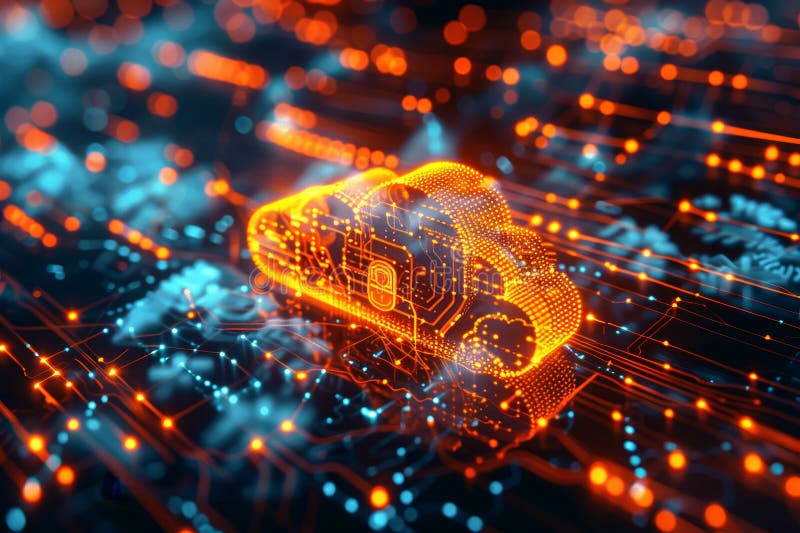 Sfondo della griglia digitale con icona di blocco del cloud traslucido nei colori vivaci dei neon royalty illustrazione gratis
