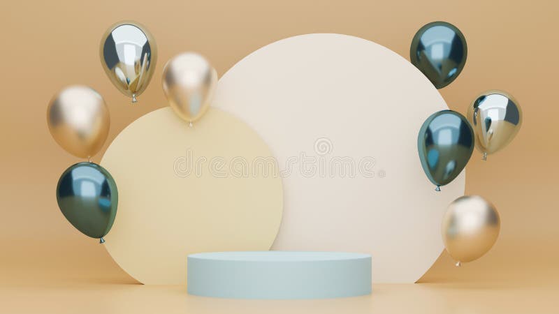 Sfondo di colore beige con podio per i palloncini di visualizzazione del prodotto a colori metallici e cerchio geometrico sul retr royalty illustrazione gratis