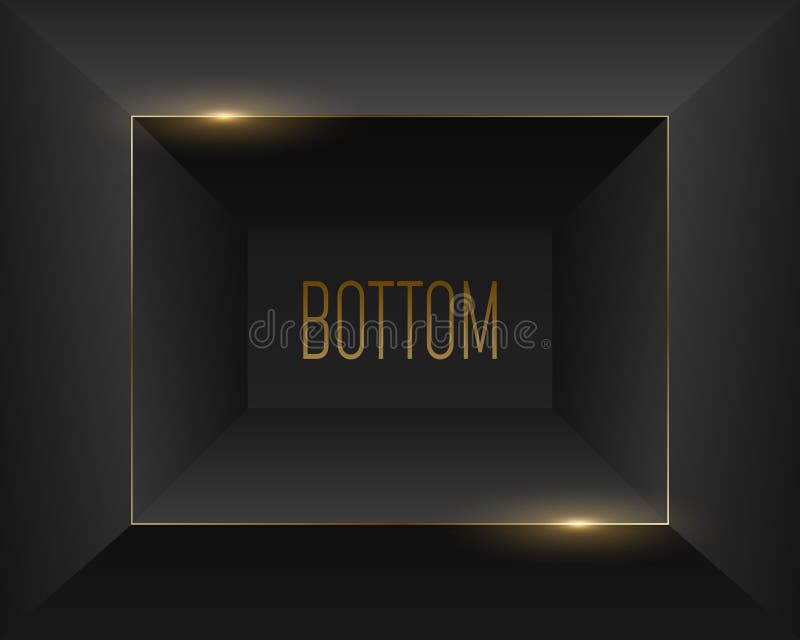 Sfondo di lusso oscuro elegante con linee dorate luccicanti e la parola BOTTOM al centro. Design ridotto per tunnel 3D illustrazione vettoriale