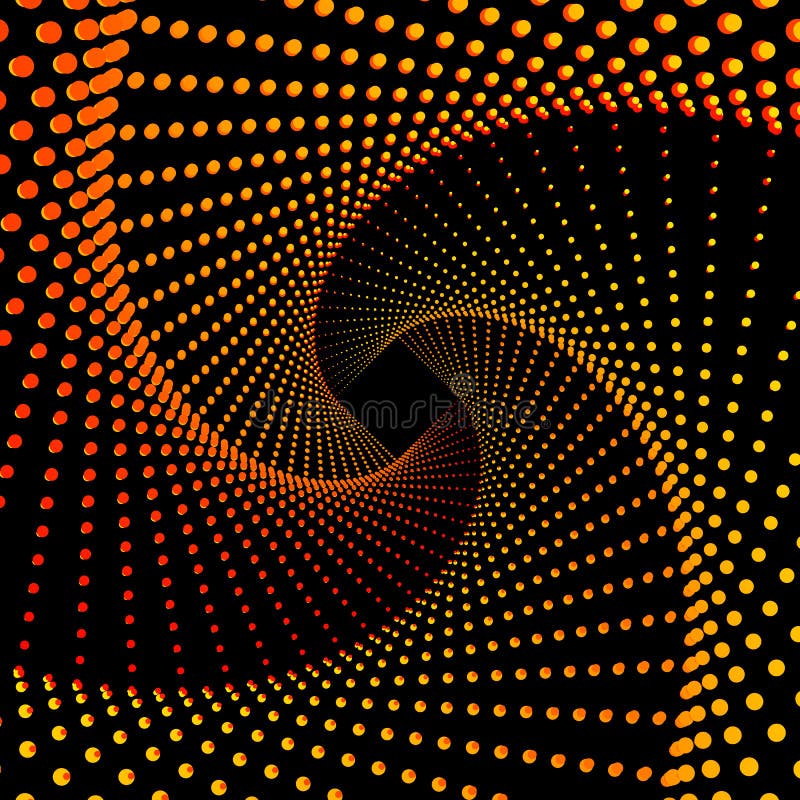 Multicolor squarish spiral vortex dots vector background. Yellow, orange, and red dots swirl pattern wallpaper. Multicolor squarish spiral vortex dots vector background. Yellow, orange, and red dots swirl pattern wallpaper.