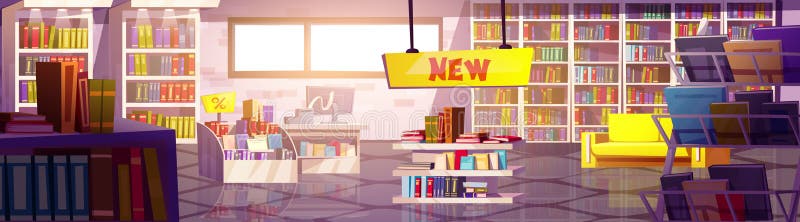 Sfondo interno libreria. vignetta di un negozio di libri illustrazione vettoriale