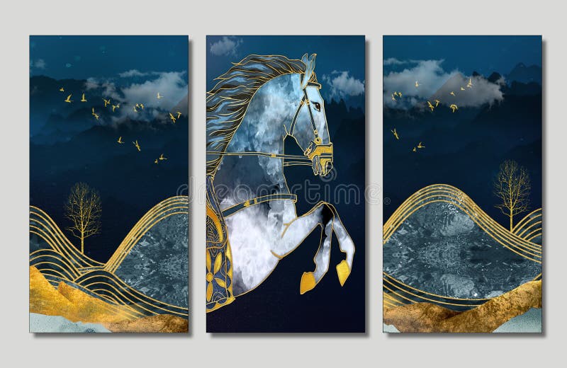 Sfondo murale 3d per la stampa di telai a parete . alberi di cavallo e di oro con montagne colorate . alberi d'oro e uccelli