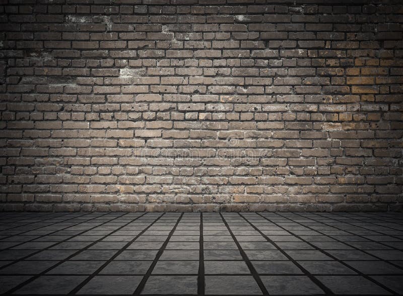 Camera vuota con pareti di mattoni e pavimenti piallati. sfondo scuro