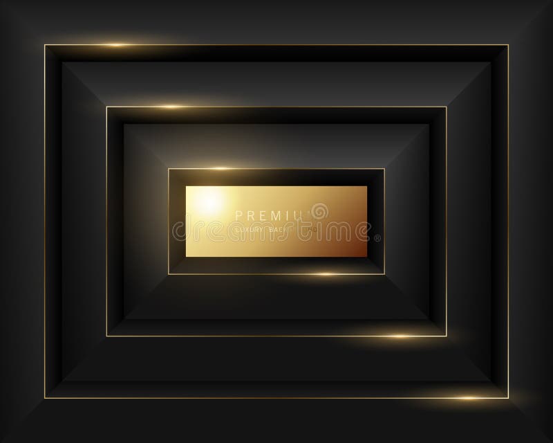 Sfondo scuro elegante con cornice d'oro luminoso in prospettiva 3D. Design di lusso ideale per confezioni di marca di alta qualità illustrazione vettoriale