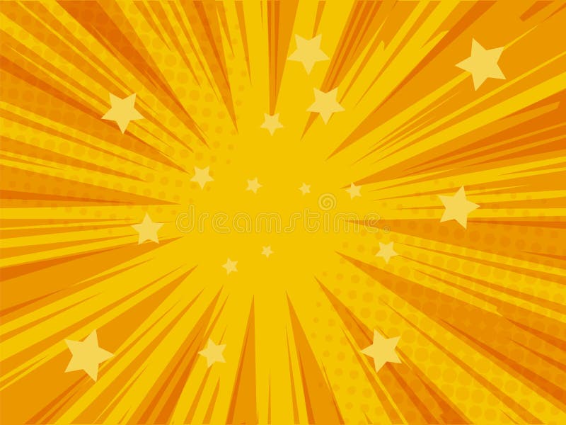 Sfondo supereroe del fumetto Modello di colore giallo e arancione con linee e stelle divergenti Effetto esplosione bomba Sfondo supereroe del fumetto Modello di colore giallo e arancione con linee e stelle divergenti Effetto esplosione bomba