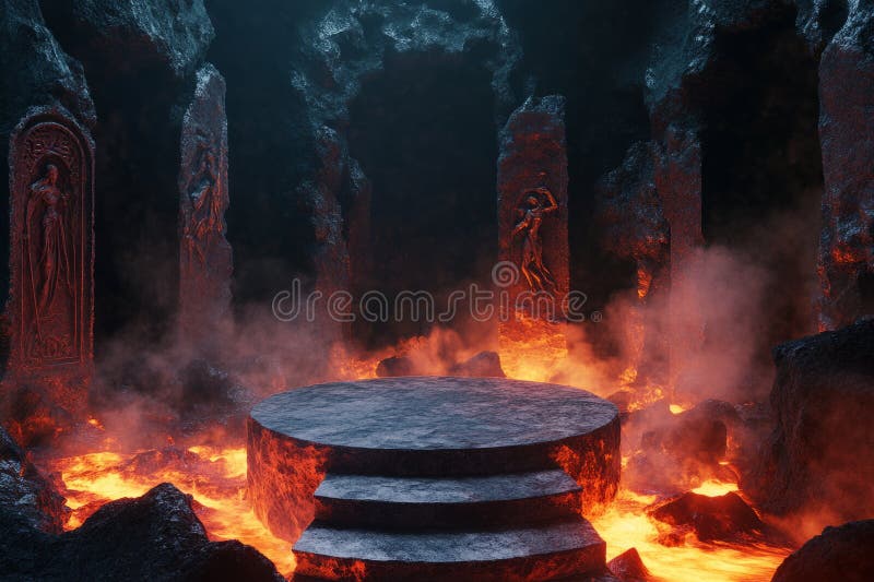Sfondo vulcanico 3D del mondo inferiore con un podio di pietra ruvido circondato da lava che scorre. fotografia stock