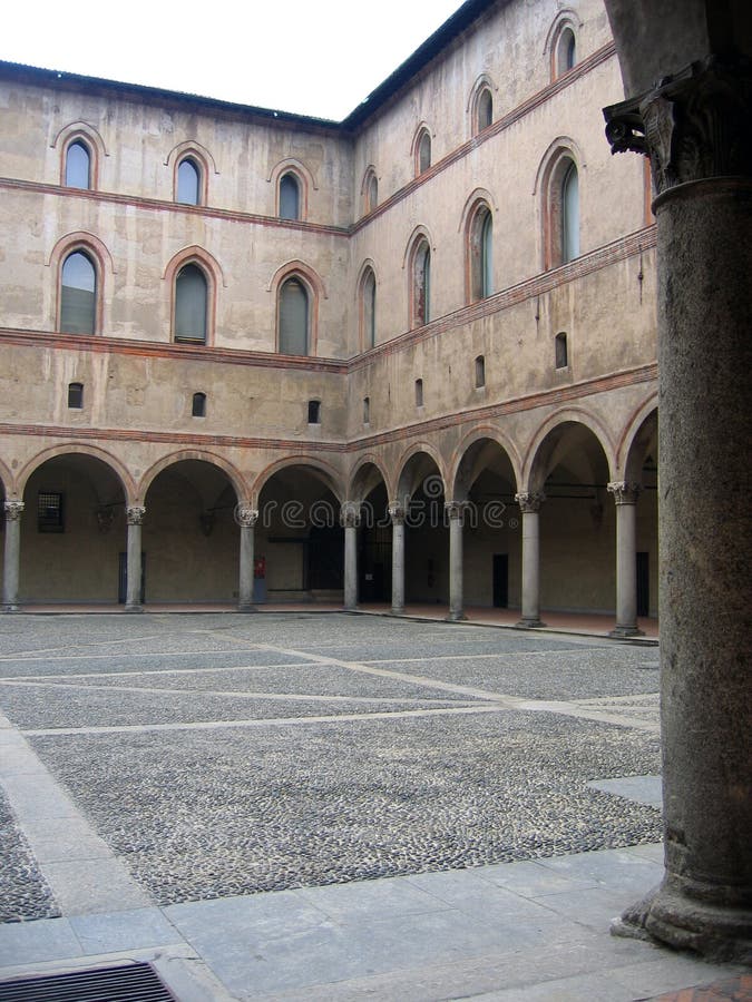 This huge brick quadrilateral building was the seat of the Sforza, Dukes of Milan and now holds the municipal art collections. Picture of the interior courtyard. This huge brick quadrilateral building was the seat of the Sforza, Dukes of Milan and now holds the municipal art collections. Picture of the interior courtyard.