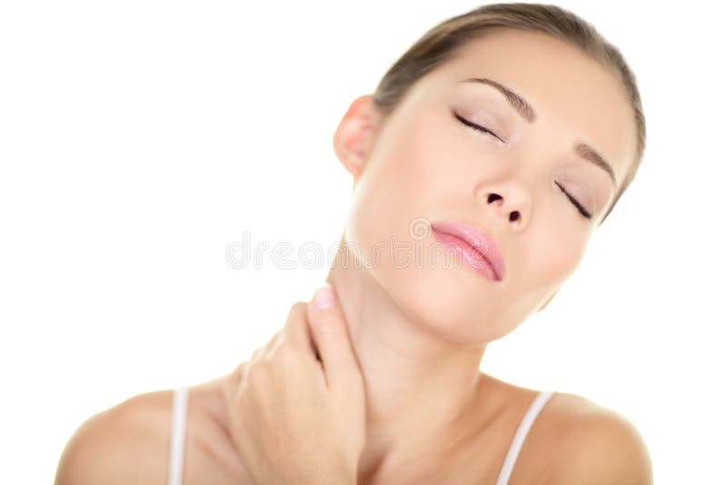 Sforzo del muscolo di dolore al collo - massaggio asiatico della donna fotografia stock libera da diritti Sforzo del muscolo di dolore al collo - massaggio asiatico della donna fotografia stock libera da diritti