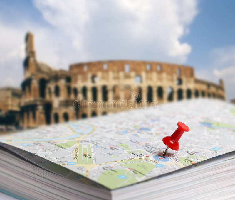 Sfuocatura del perno di spinta della mappa di Roma della destinazione di viaggio