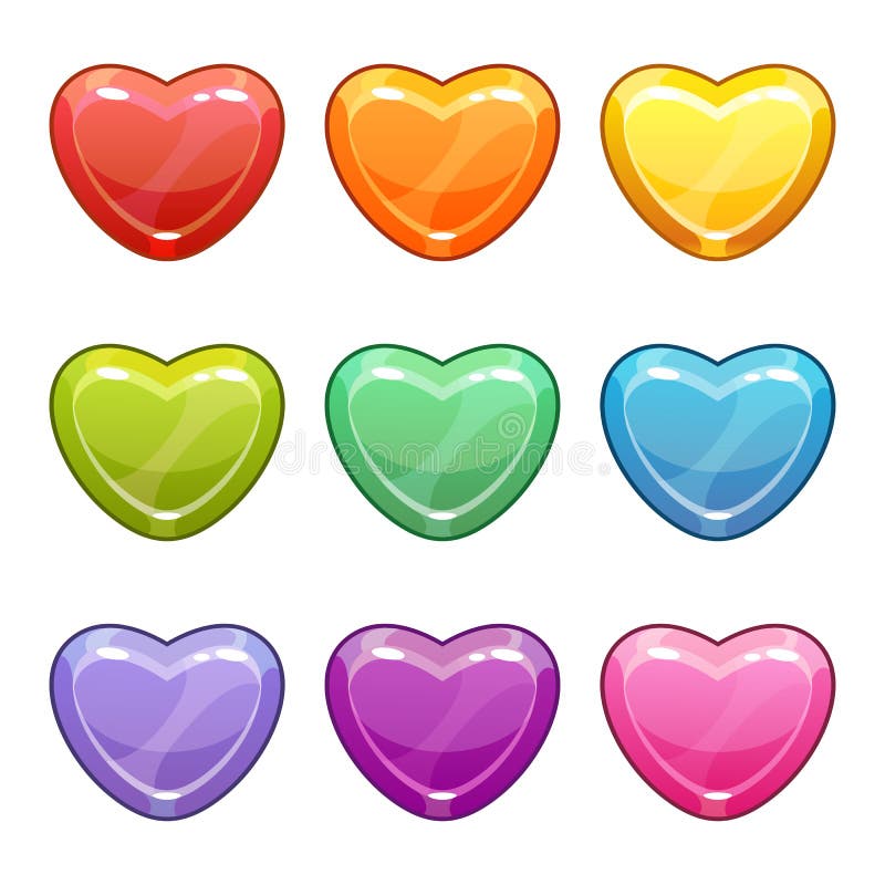 Sfântul Valentin. desen animat drăguț, decorativ, cu inimi lucioase colorate și colorate, set. vector illustration