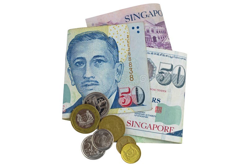SGD van het de dollarbankbiljet van Singapore en muntstukken op wit wordt geïsoleerd dat stock afbeeldingen SGD van het de dollarbankbiljet van Singapore en muntstukken op wit wordt geïsoleerd dat stock afbeeldingen