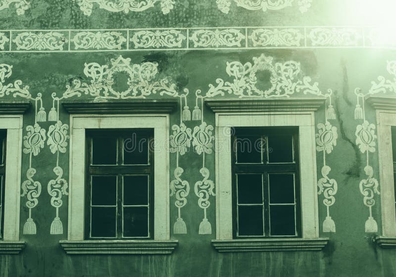 Sgraffito wall decor at front of historical building.Banska Stiavnica,Slovakia.