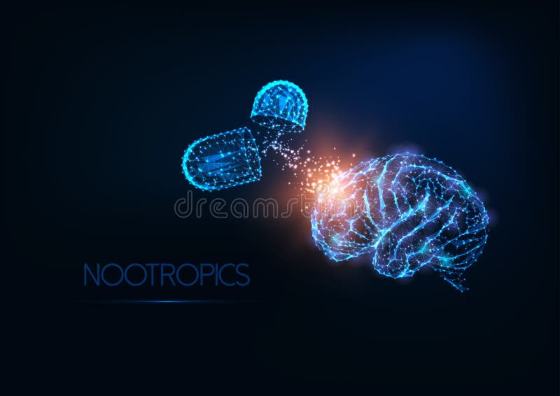 Sgualdrina futuristica del basso cervello poligonale umano e capsule di farmaci su sfondo blu scuro