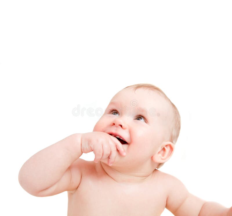 Sguardo sorridente del bambino felice sveglio sopra su bianco immagine stock