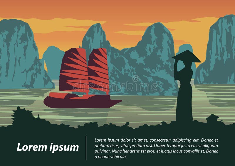 Sguardo vietnamita della donna da spedire nella baia di lunghezza dell'ha, punto di riferimento del Vietnam royalty illustrazione gratis Sguardo vietnamita della donna da spedire nella baia di lunghezza dell'ha, punto di riferimento del Vietnam royalty illustrazione gratis