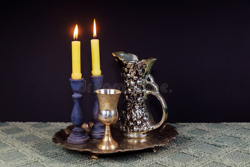 Shabbat Shalom Hebrew with Kiddush Candles Stock Image Image of