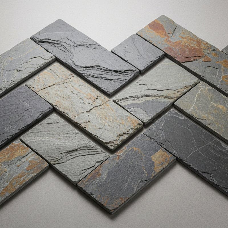 Rectangular stone tiles arranged in a herringbone pattern. The tiles feature a natural textured surface with varying shades of gray slate and rust tones highlighting the stone s organic patterns. The layout and color variation create a visually striking mosaic typical in decorative surfaces or flooring. The background is a plain light surface enhancing the contrast and emphasizing the tile details and craftsmanship. Rust shades illustrations