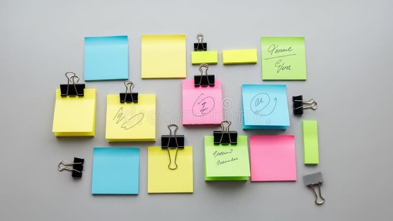 Assorted multicolored sticky notes are arranged on a gray background. The notes are in shades of yellow blue pink and green and some feature handwritten symbols or text. Black binder clips secure several of the notes adding a three dimensional aspect. Smaller notes and additional binder clips are scattered throughout creating a visually organized yet casual layout. The overall composition emphasizes a colorful practical office or creative workspace. Handwritten symbols illustrations