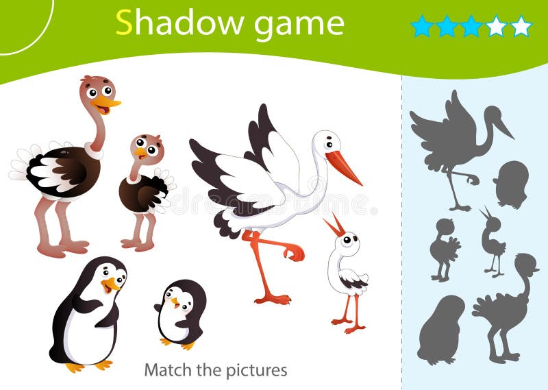 Shadow Game for Kids. Match the Right Shadow. Color Images of Animals and  Birds with Their Young. Stork, Ostrich, Penguin Stock Vector - Illustration  of printable, logic: 198923825