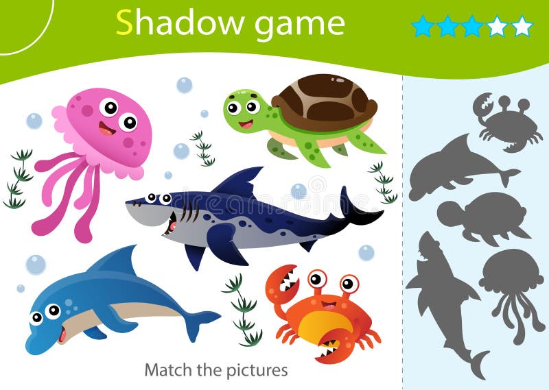 Shadow Game for kids. Match the right shadow. Color images of jellyfish, turtle, dolphin, crab, shark. Marine life. Worksheet