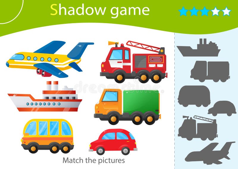 Shadow Game for kids. Match the right shadow. Color images of transportation or vehicle. Fire truck, car, truck, Bus, ship and