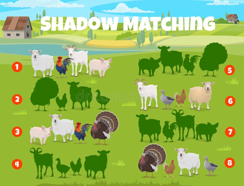 Shadow match game with farm animals and cattle
