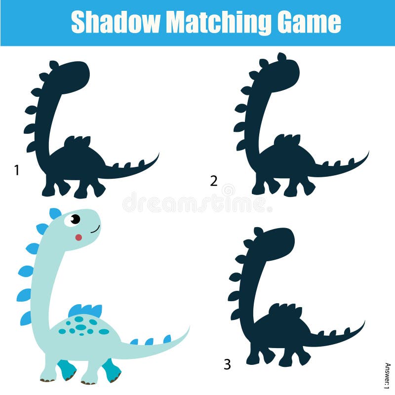 Shadow matching game for children. Find the right shadow for dinosaur. Activity for preschool kids and todders. Shadow matching game for children. Find the right shadow for dinosaur. Activity for preschool kids and todders