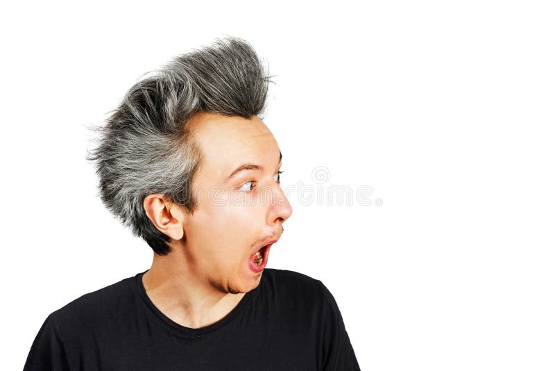 Shaggy Young Man with Long Grey Hair Surprised with Open Mouth on a White  Isolated Background Stock Image - Image of amaze, haircut: 172781989