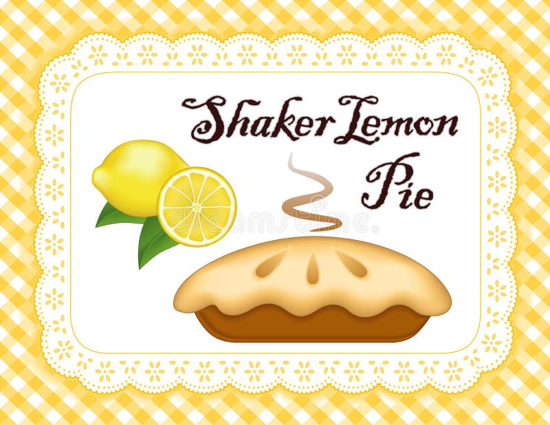 Shaker Lemon Pie，蕾丝花边垫，黄色姜汉姆支票背景 库存例证