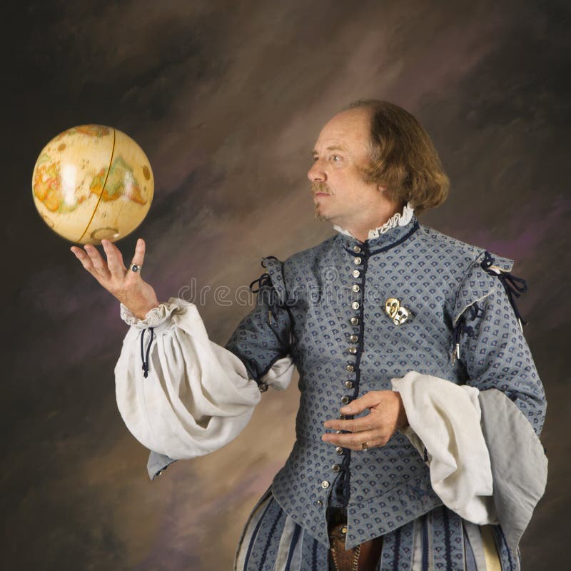 William Shakespeare in period clothing holding spinning globe. William Shakespeare in period clothing holding spinning globe.