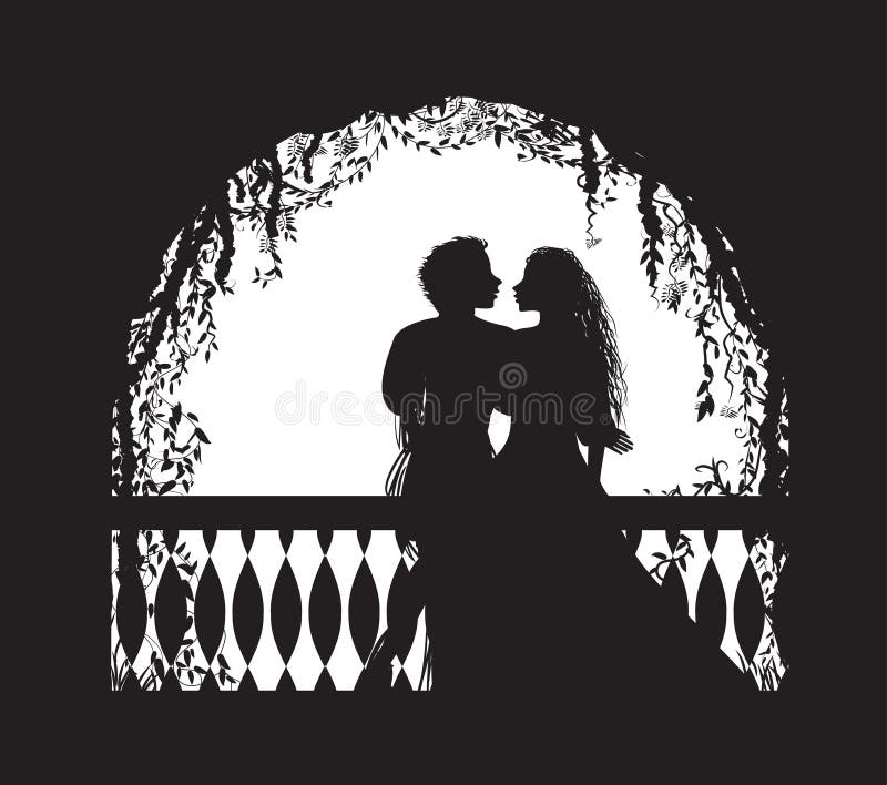 Shakespeare s play Romeo and Juliet on balcony, romantic date, silhouette, love story, vector. Shakespeare s play Romeo and Juliet on balcony, romantic date, silhouette, love story, vector