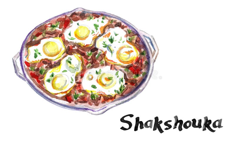 Shakshouka in a pan. Middle eastern traditional dish. Fried eggs with tomatoes, bell pepper, vegetables and herbs. Watercolor vector illustration. Shakshouka in a pan. Middle eastern traditional dish. Fried eggs with tomatoes, bell pepper, vegetables and herbs. Watercolor vector illustration