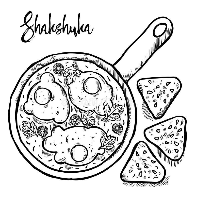 Shakshuka jest izraelskim kuchni ręki remisem royalty ilustracja Shakshuka jest izraelskim kuchni ręki remisem royalty ilustracja