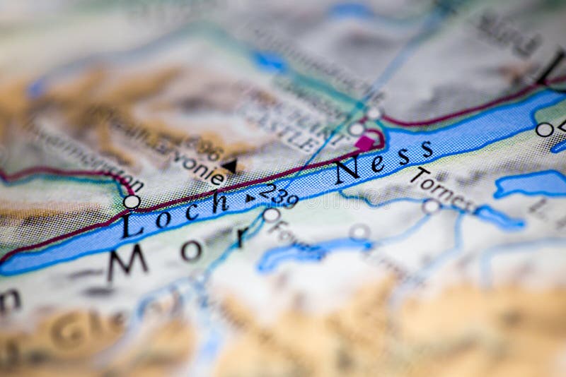 Shallow Depth of Field Focus on Geographical Map Location of Loch Ness ...