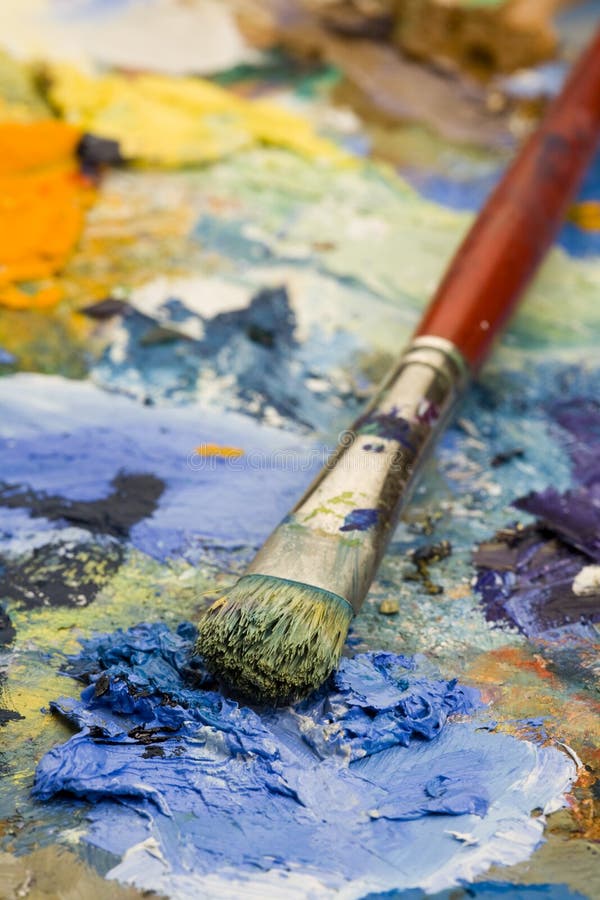 An Artists Paint Palette and Brush Stock Photo Image of field, hobby
