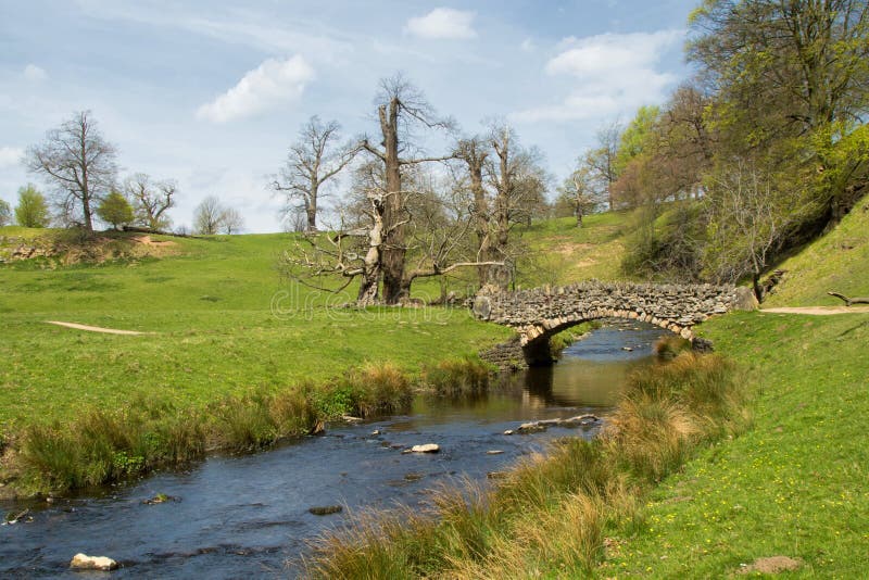 Shallow River Flowing Under a Small Stone Bridge.