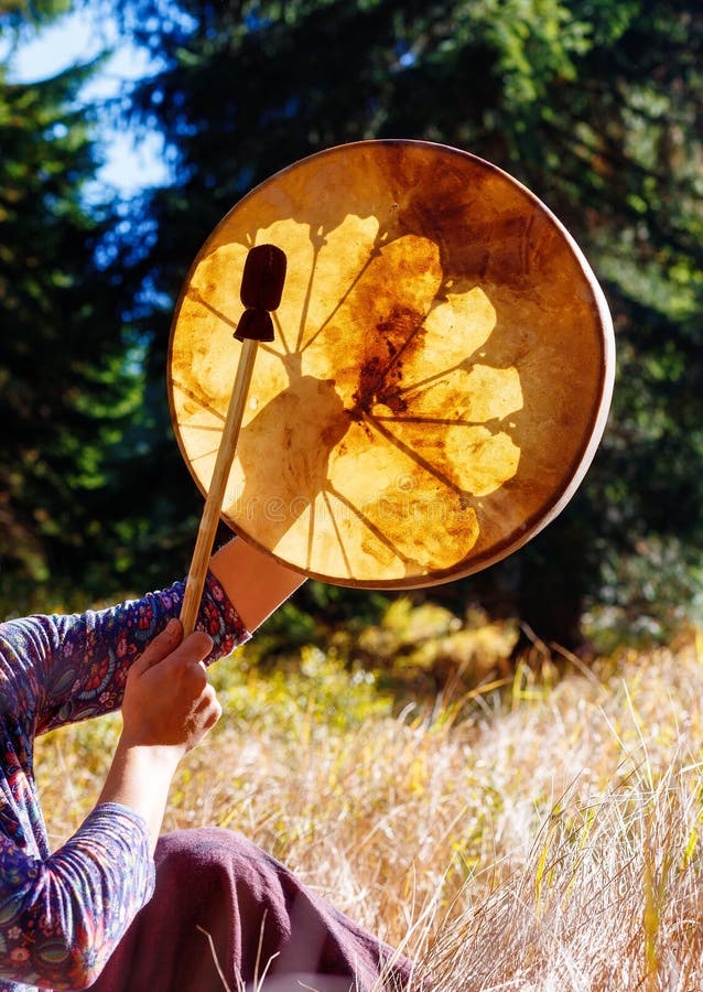 Shamanic Drum In Nature, Shamanic Drum Made Of Deer Goat. Stock Photo