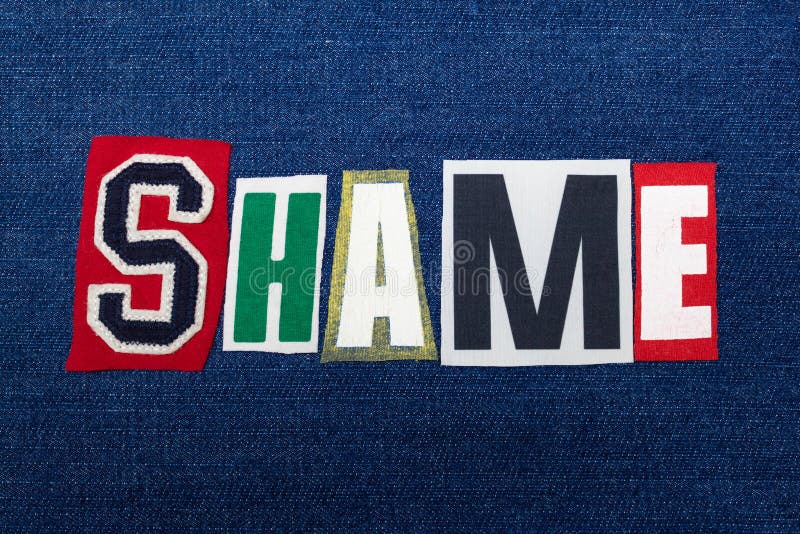 SHAME text word collage, colorful fabric on blue denim, guilt and blame concept royalty free stock photography SHAME text word collage, colorful fabric on blue denim, guilt and blame concept royalty free stock photography