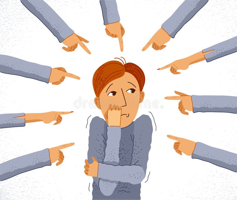 Shaming and blaming vector concept, hand pointing finger on young man feeling uncomfortable and scared, discrimination problem of vector illustration